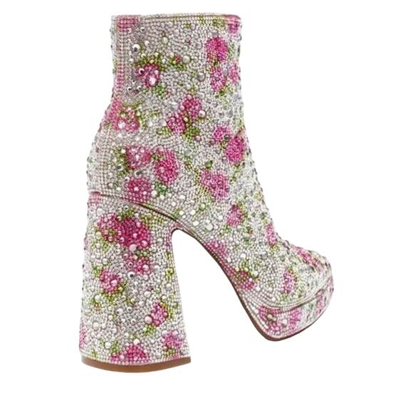BETSEY JOHNSON DELLA Pink Rhinestone Floral Booties Size 8 Bling Sparkle NEW - Picture 9 of 14
